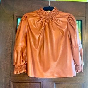 INC International Concept Women’s Faux Leather Smocked Neck Top